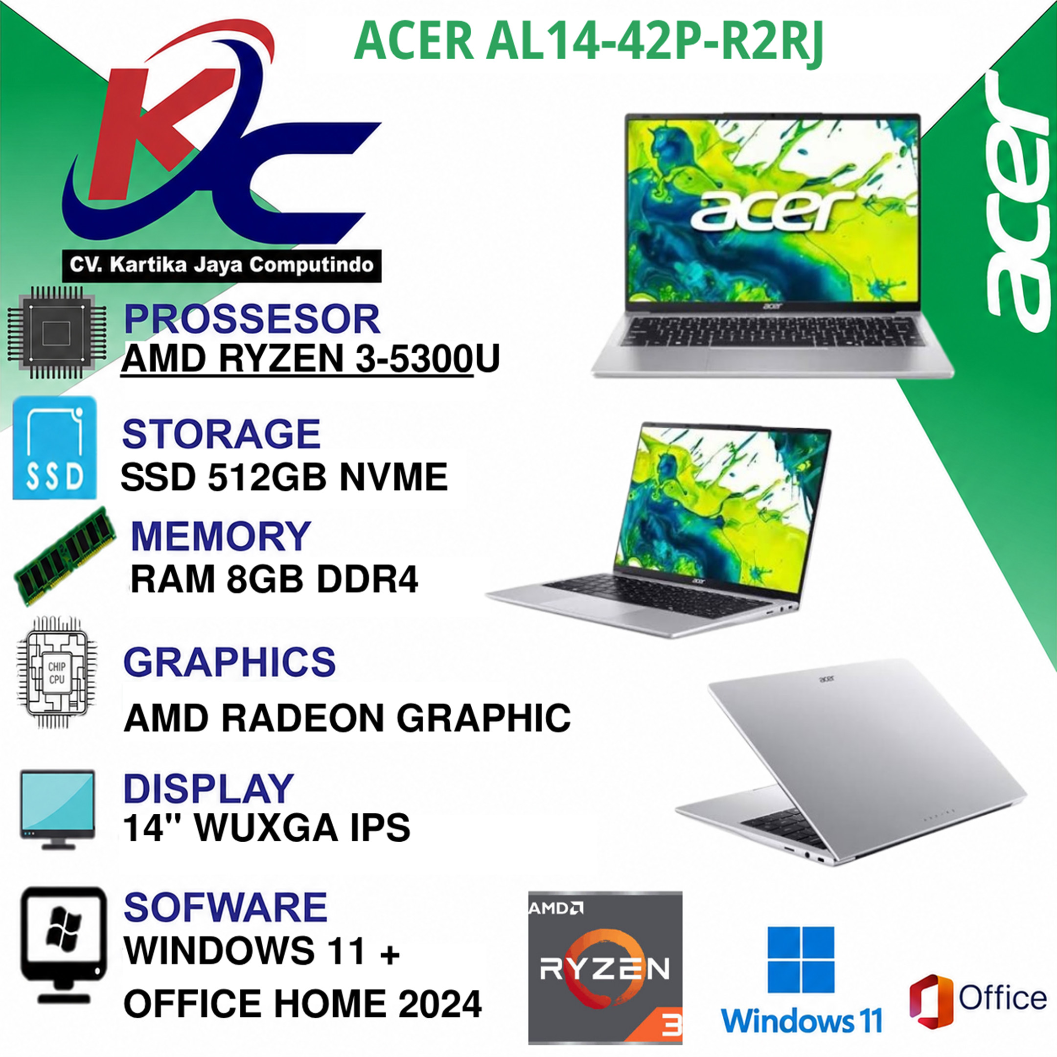 ACER AL14-42P-R2RJ  R3-5300U/ 8GB/ SSD512/ W11 OHS+M365 SILVER
